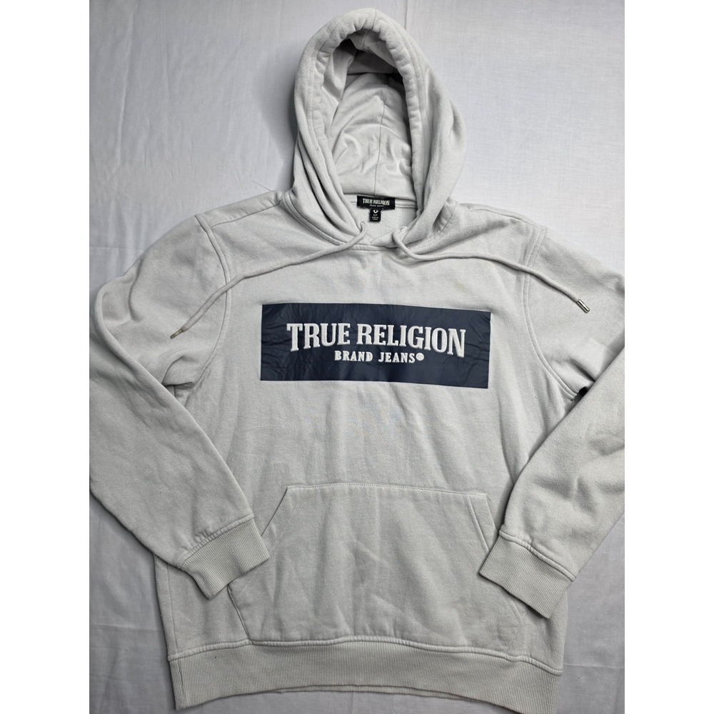 True Religion Hoodie Men S Light Gray Fleece Lined Embossed Logo Kangaroo Pocket